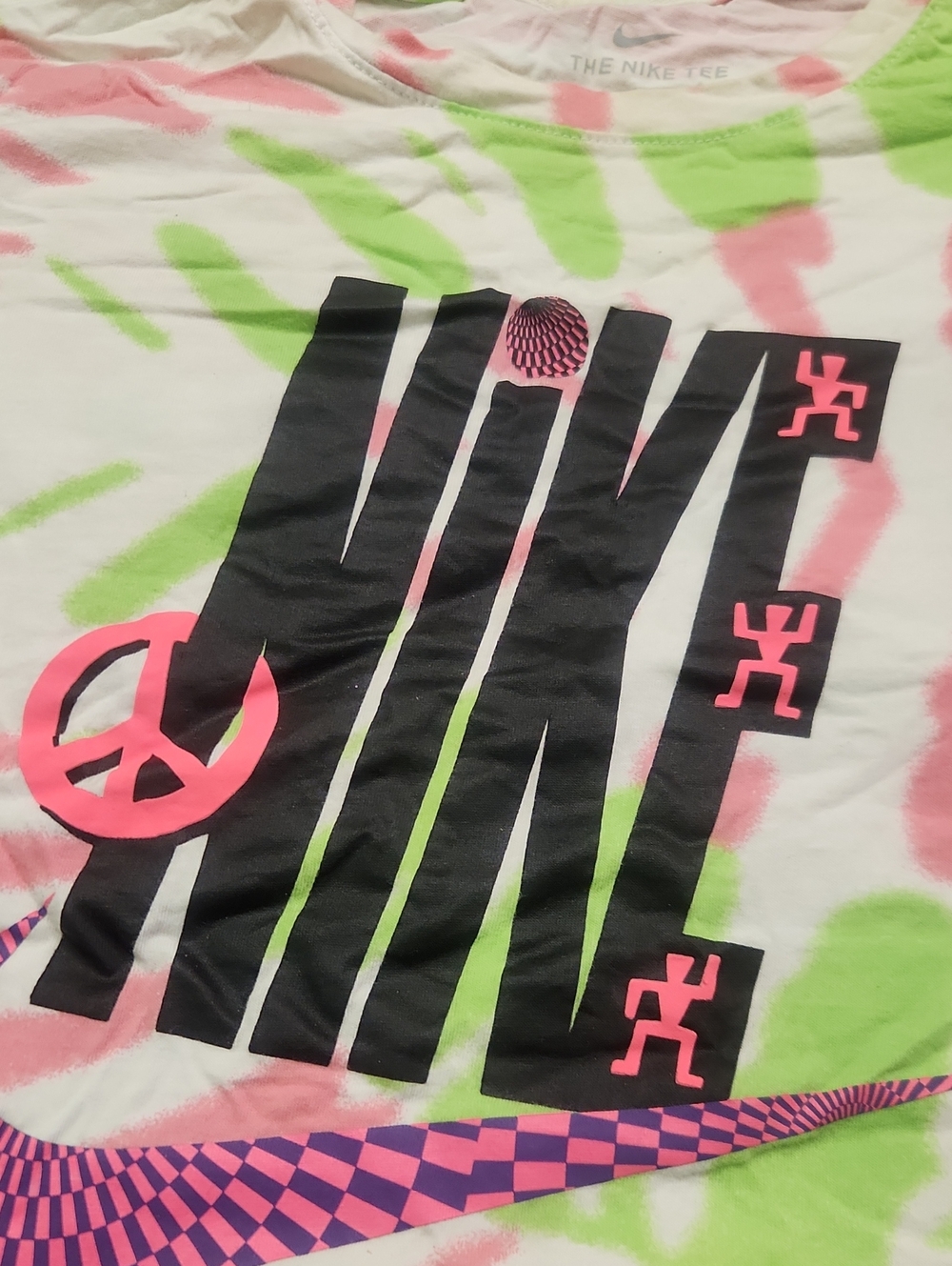 Nike White Tie-Dye Graphic Tee with Neon Pink & Lime Accents